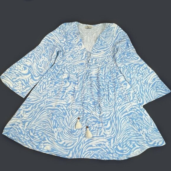Maagi Helena Blue White Animal Print Tassel Tie Flowy Dress Womens Large - Picture 1 of 10